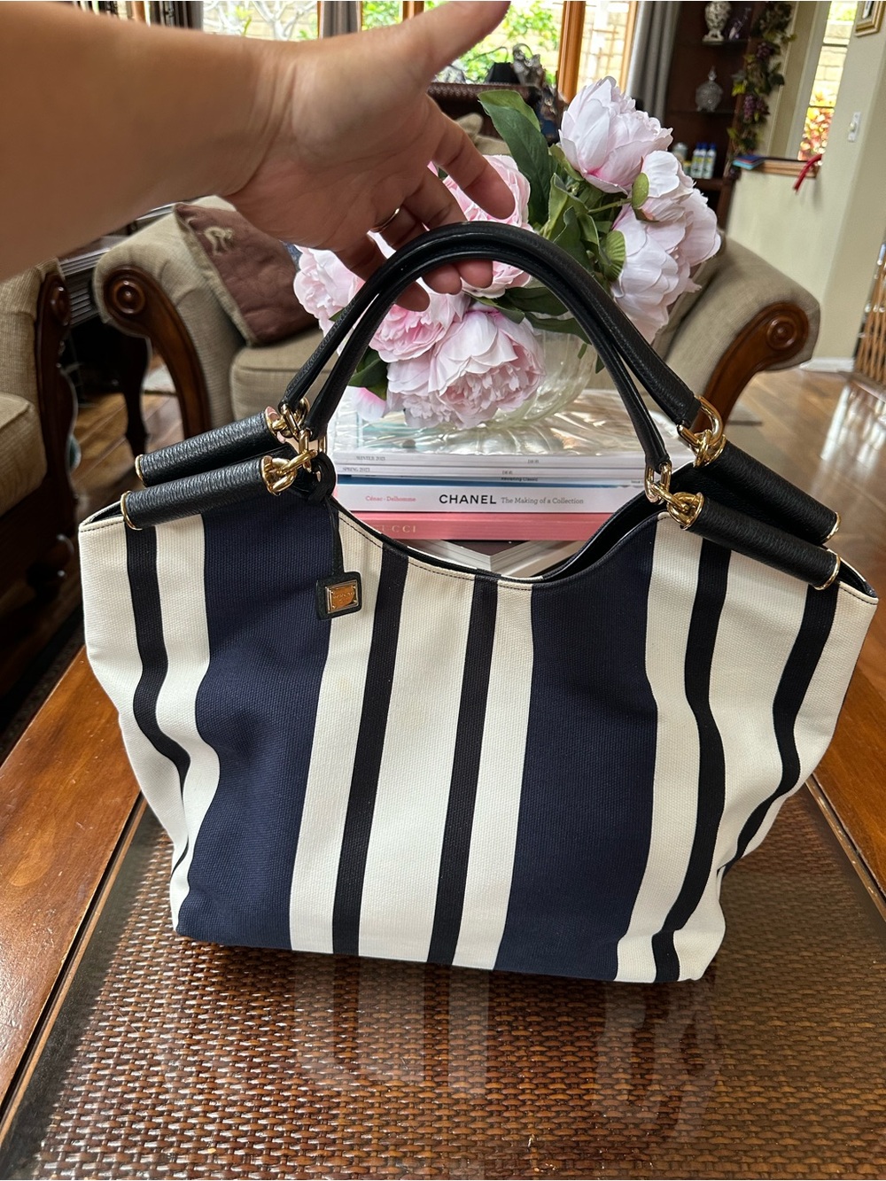 DOLCE & GABBANA Canvas Navy Blue Ivory Large Tote Bag AUTHENTIC